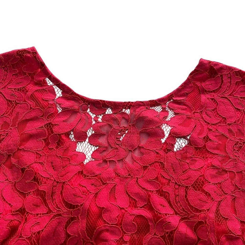 MSLG Womens Sz Large Bright Red Floral Lace Short Sleeve Round Neck A-line Dress